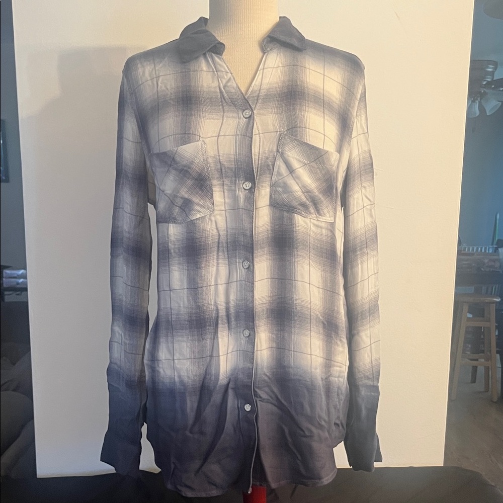 CHARLIE B Blue and White Ombre Plaid Shirt